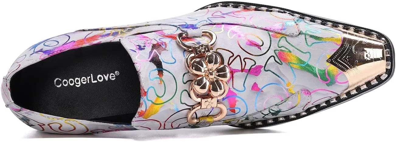 Santimon Mens Genuine Leather Dress Loafers Formal Business Snaffle Floral Bit Comfortable Metallic Cap Slip On Party Shoes