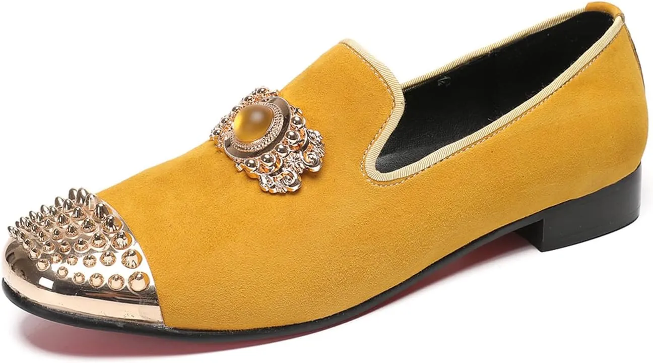 Santimon Mens Loafers Slip On Casual Wedding Dress Suede Penny Loafers Metal Studded Cap Toe Topaz Prom Glitter Smoking Shoes Fashion Ballroom Tuxedo Party Disco Tuxedo Western Mocasines for Men