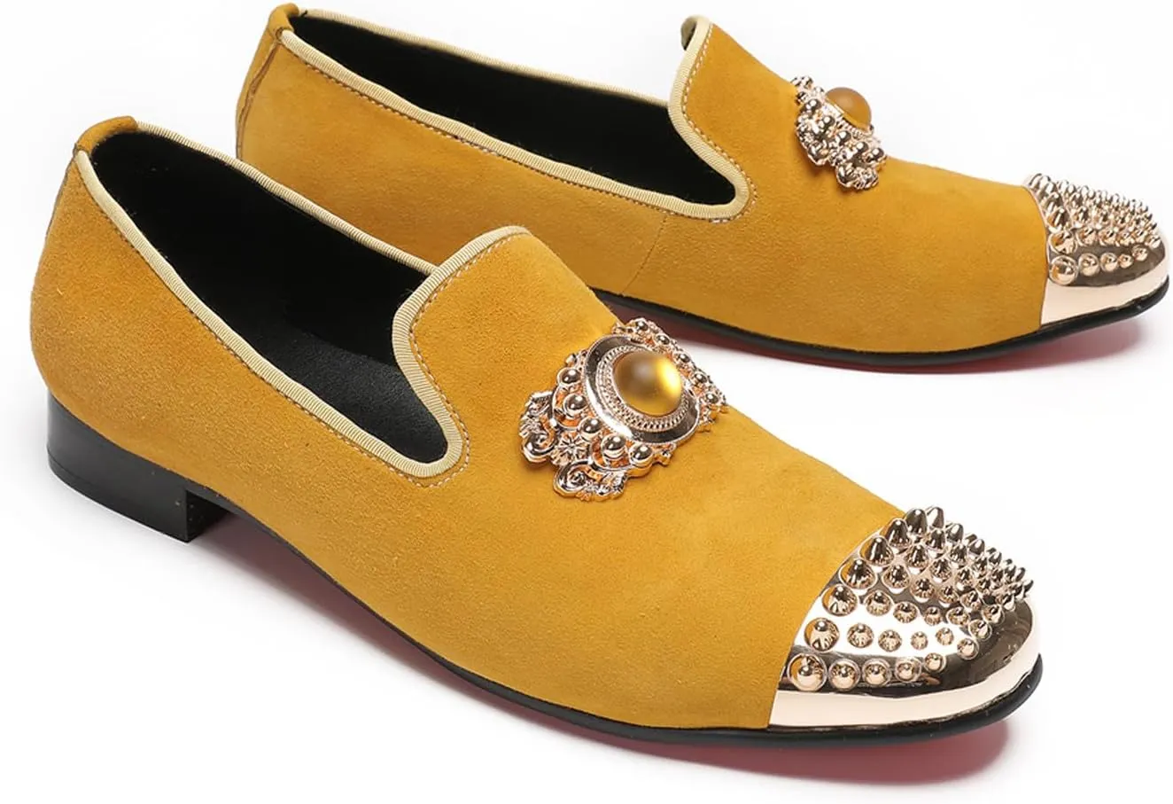Santimon Mens Loafers Slip On Casual Wedding Dress Suede Penny Loafers Metal Studded Cap Toe Topaz Prom Glitter Smoking Shoes Fashion Ballroom Tuxedo Party Disco Tuxedo Western Mocasines for Men