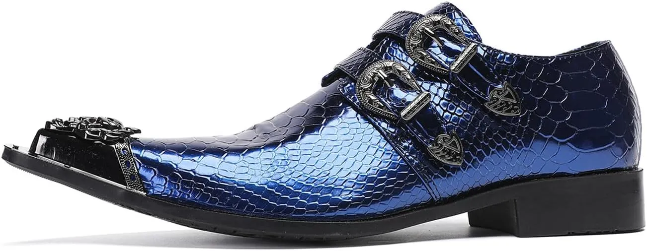 Santimon Men's Luxury Patent Leather Dress Shoes - Snakeskin Texture Metal Pointed Toe Metallic Monk Strap Loafers Formal Shoes with Buckle Accent for Wedding Party Bar Singer