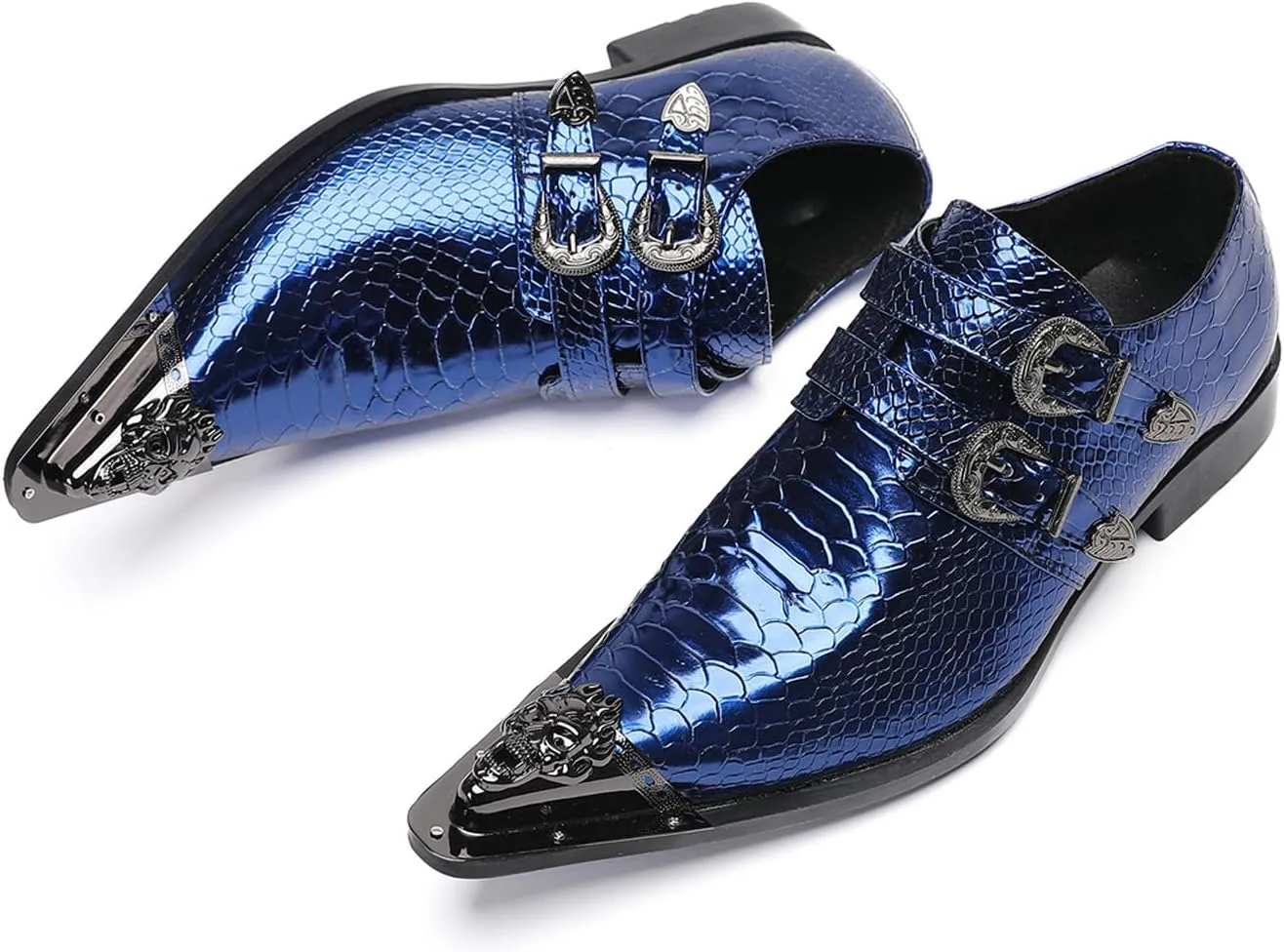 Santimon Men's Luxury Patent Leather Dress Shoes - Snakeskin Texture Metal Pointed Toe Metallic Monk Strap Loafers Formal Shoes with Buckle Accent for Wedding Party Bar Singer
