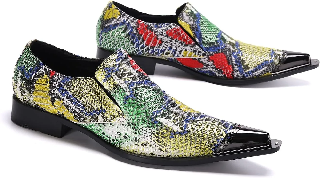 Santimon Mens Slip On Dress Loafers Multicolor Formal Oiled Poured Painting Casual Smoking Breathable Tuxedo Metal Pointed Tip for Party Wedding Shoes