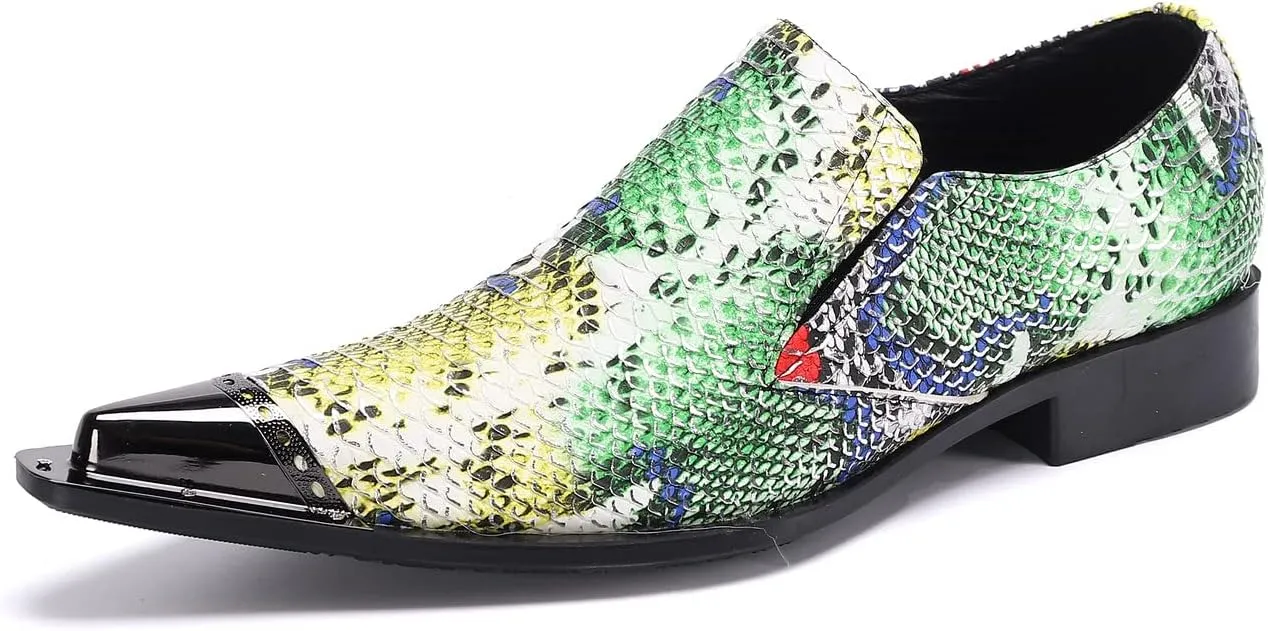 Santimon Mens Slip On Dress Loafers Multicolor Formal Oiled Poured Painting Casual Smoking Breathable Tuxedo Metal Pointed Tip for Party Wedding Shoes