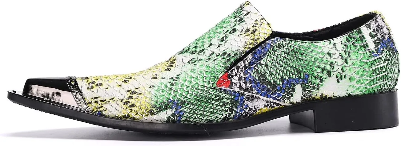 Santimon Mens Slip On Dress Loafers Multicolor Formal Oiled Poured Painting Casual Smoking Breathable Tuxedo Metal Pointed Tip for Party Wedding Shoes