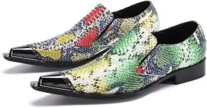 Santimon Mens Slip On Dress Loafers Multicolor Formal Oiled Poured Painting Casual Smoking Breathable Tuxedo Metal Pointed Tip for Party Wedding Shoes