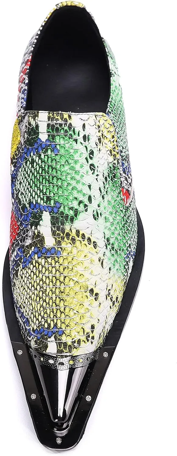 Santimon Mens Slip On Dress Loafers Multicolor Formal Oiled Poured Painting Casual Smoking Breathable Tuxedo Metal Pointed Tip for Party Wedding Shoes