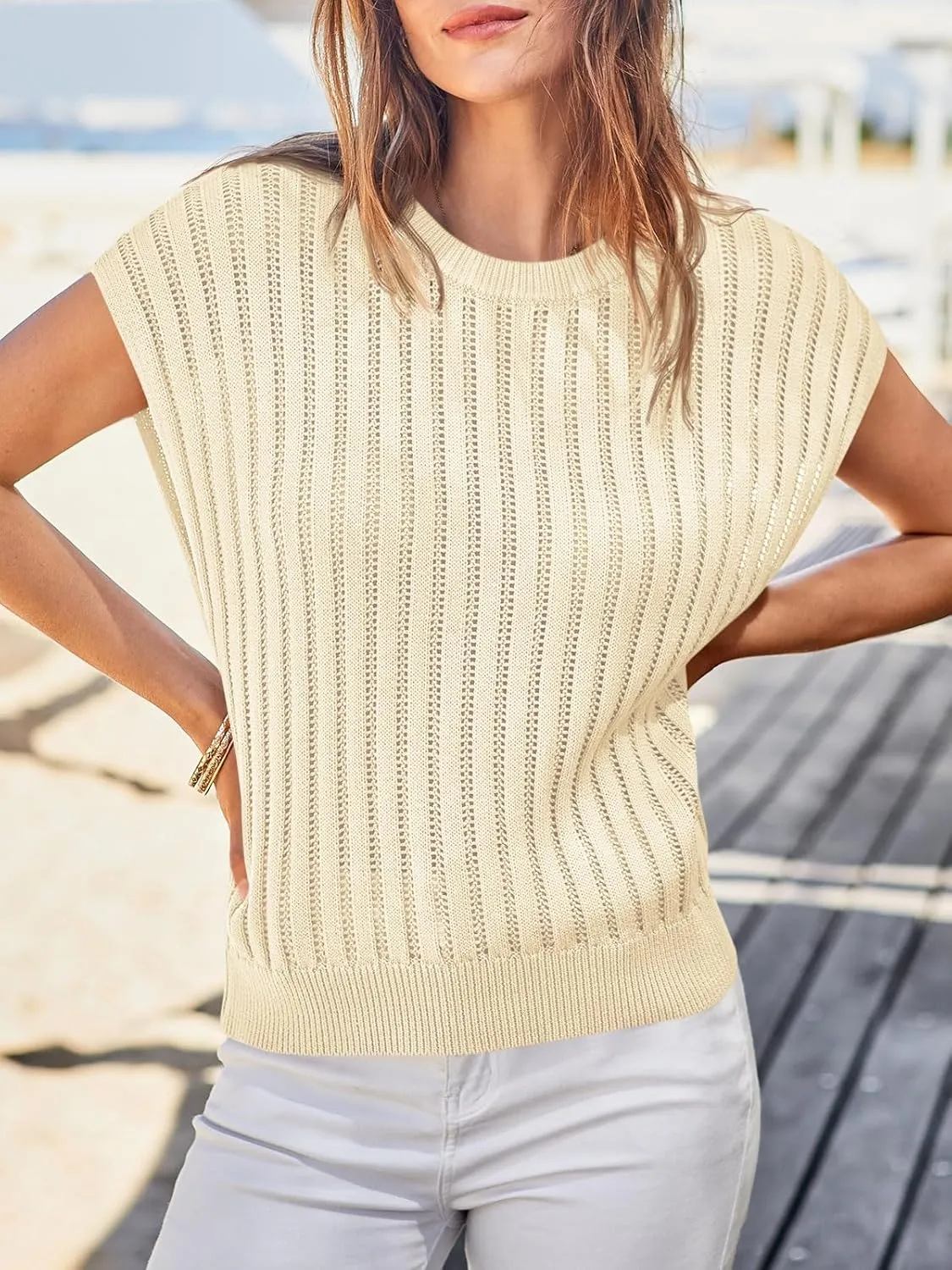 Saodimallsu Womens Summer Crochet Sweater Vest Cap Sleeve Knit Tops Casual Crewneck Sleeveless Sweaters