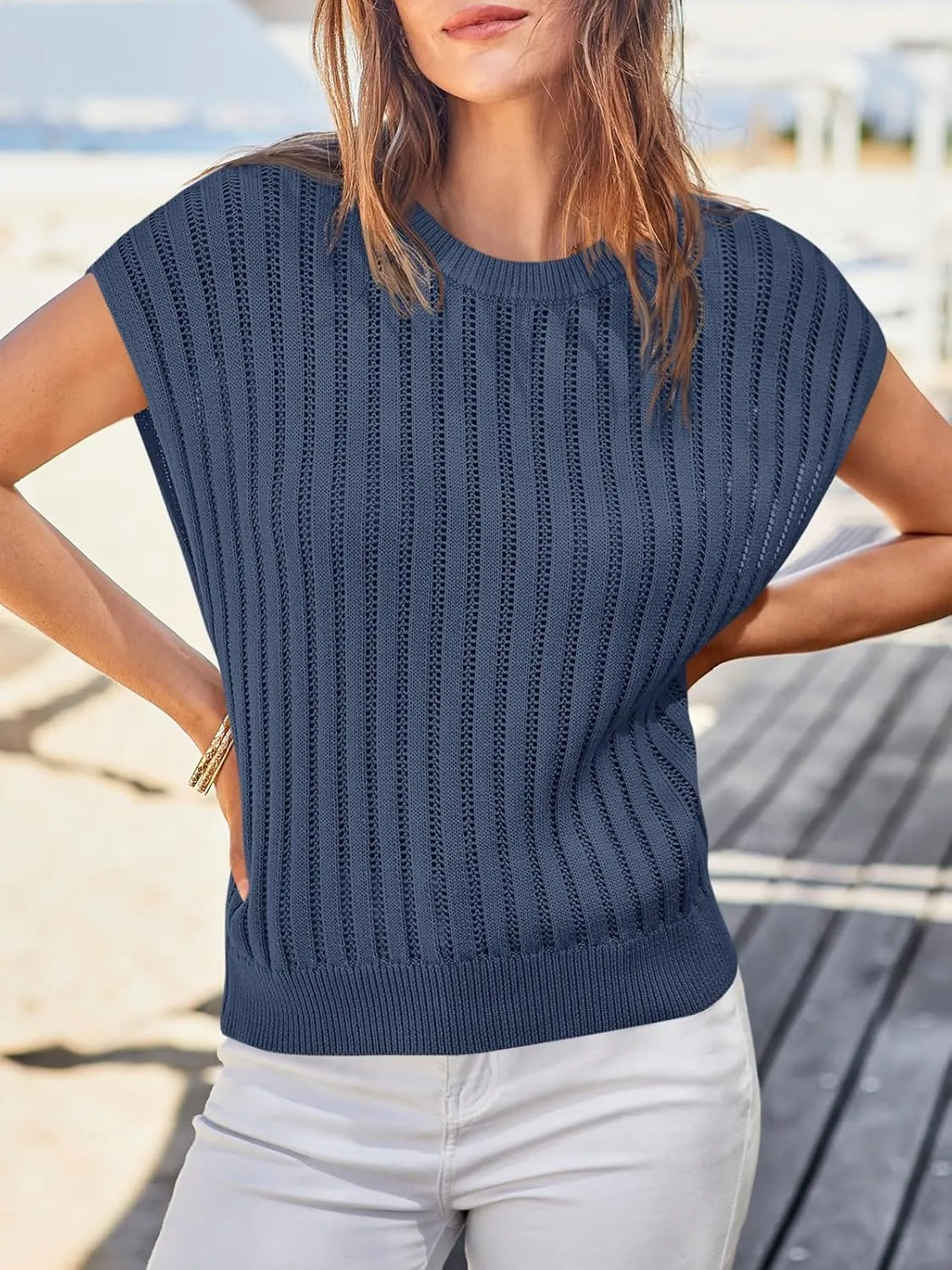 Saodimallsu Womens Summer Crochet Sweater Vest Cap Sleeve Knit Tops Casual Crewneck Sleeveless Sweaters