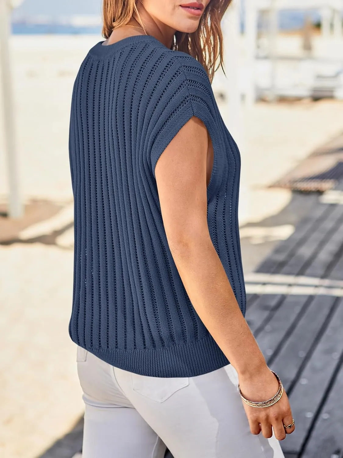 Saodimallsu Womens Summer Crochet Sweater Vest Cap Sleeve Knit Tops Casual Crewneck Sleeveless Sweaters