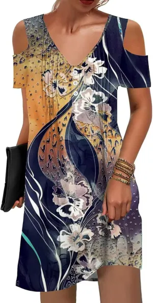 SAUKOLE Women’s Summer Dresses Casual Cold Shoulder Sleeve Dress V Neck Pleated Front Sundress with Button
