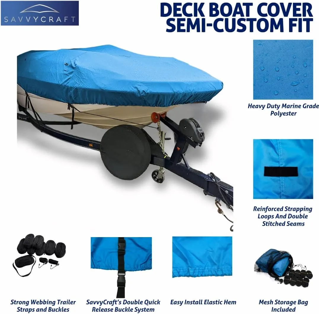 SavvyCraft Trailerable Deck Boat Cover, Heavy Duty 600D Waterproof Boat Cover for Deck Boat, Tri-Hull Boat 18'6"x96" Blue