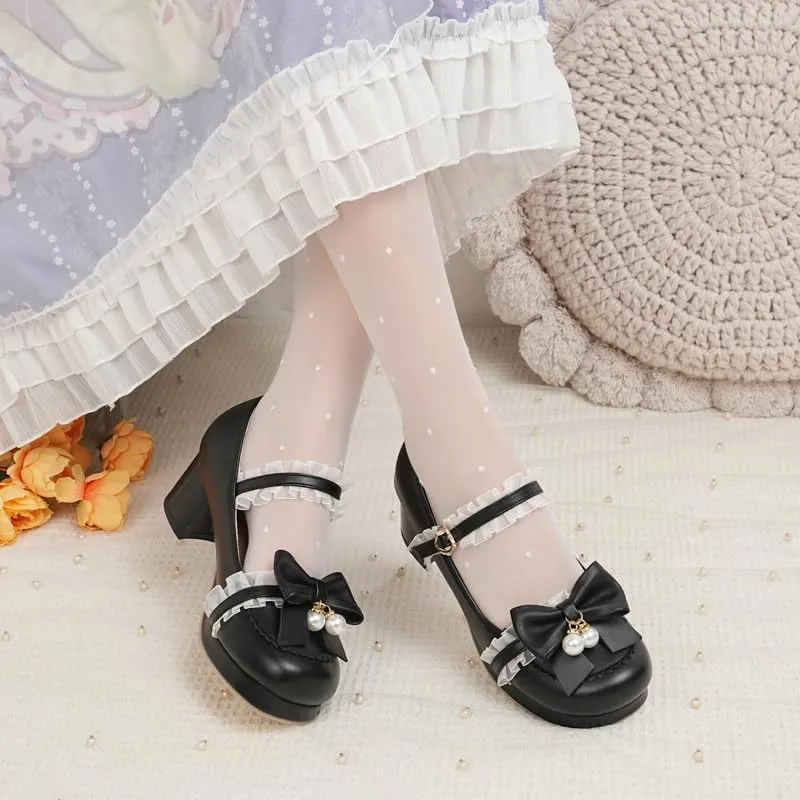 Seborluys Women's Sweet Lolita Cosplay Shoes Mid Chunky Heel Kawaii Platform Mary Jane Dress Pumps Ankle Strap with Lace Bow