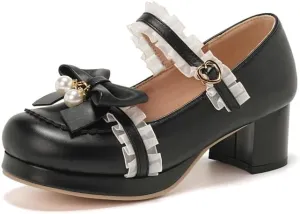 Seborluys Women's Sweet Lolita Cosplay Shoes Mid Chunky Heel Kawaii Platform Mary Jane Dress Pumps Ankle Strap with Lace Bow