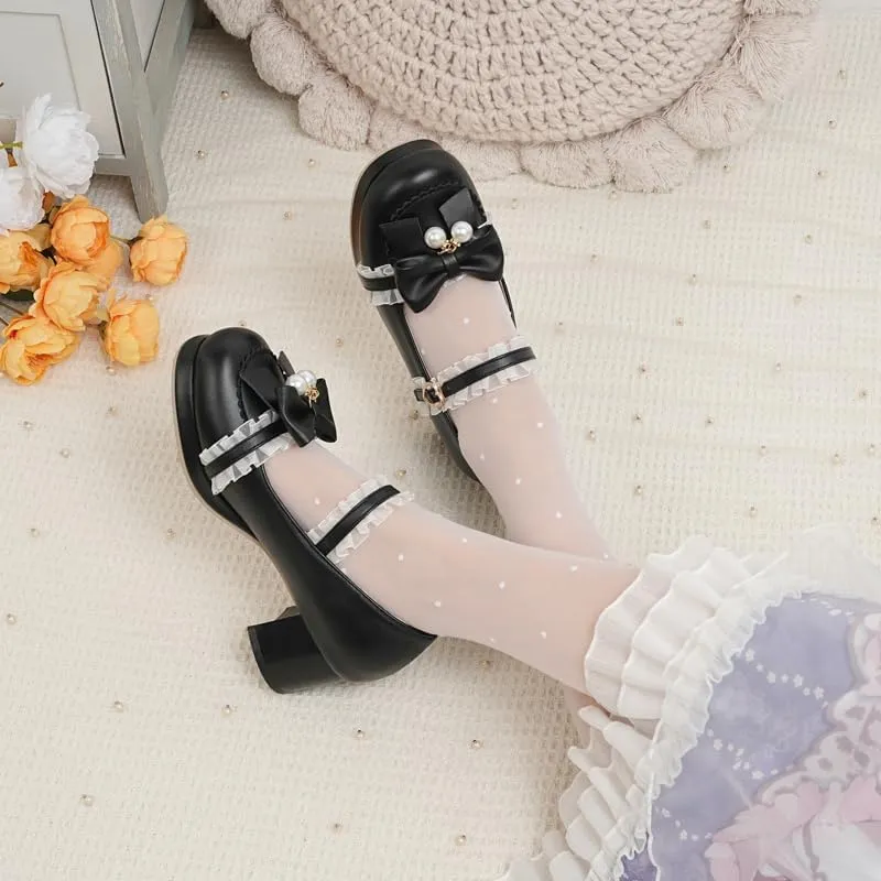 Seborluys Women's Sweet Lolita Cosplay Shoes Mid Chunky Heel Kawaii Platform Mary Jane Dress Pumps Ankle Strap with Lace Bow