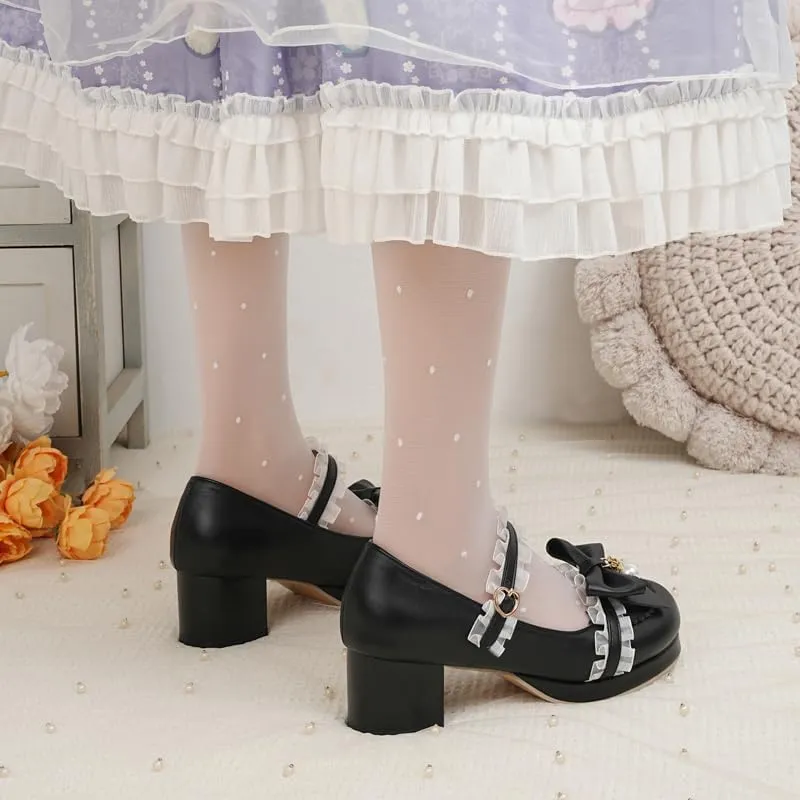 Seborluys Women's Sweet Lolita Cosplay Shoes Mid Chunky Heel Kawaii Platform Mary Jane Dress Pumps Ankle Strap with Lace Bow