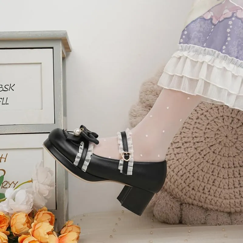 Seborluys Women's Sweet Lolita Cosplay Shoes Mid Chunky Heel Kawaii Platform Mary Jane Dress Pumps Ankle Strap with Lace Bow