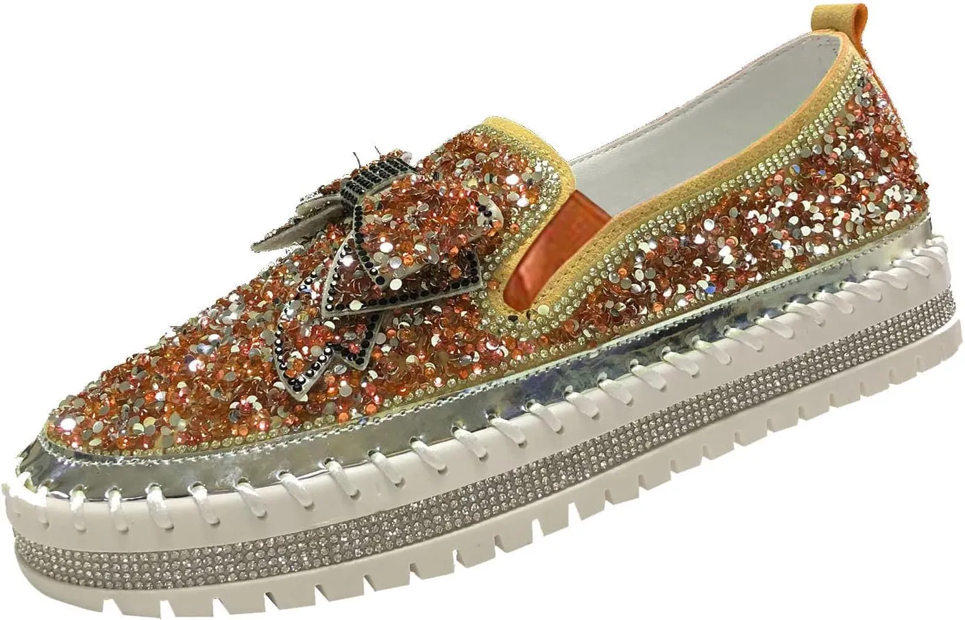 Sequin Sneakers for Women Fashion Glitter Slip on Sneaker Cute Bow Comfort Platform Walking Shoes Flat Loafer Casual Shoe Footwear