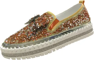 Sequin Sneakers for Women Fashion Glitter Slip on Sneaker Cute Bow Comfort Platform Walking Shoes Flat Loafer Casual Shoe Footwear