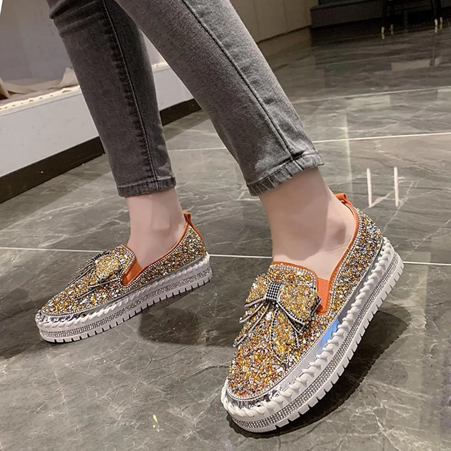 Sequin Sneakers for Women Fashion Glitter Slip on Sneaker Cute Bow Comfort Platform Walking Shoes Flat Loafer Casual Shoe Footwear