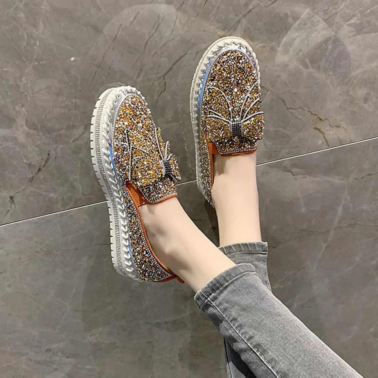 Sequin Sneakers for Women Fashion Glitter Slip on Sneaker Cute Bow Comfort Platform Walking Shoes Flat Loafer Casual Shoe Footwear