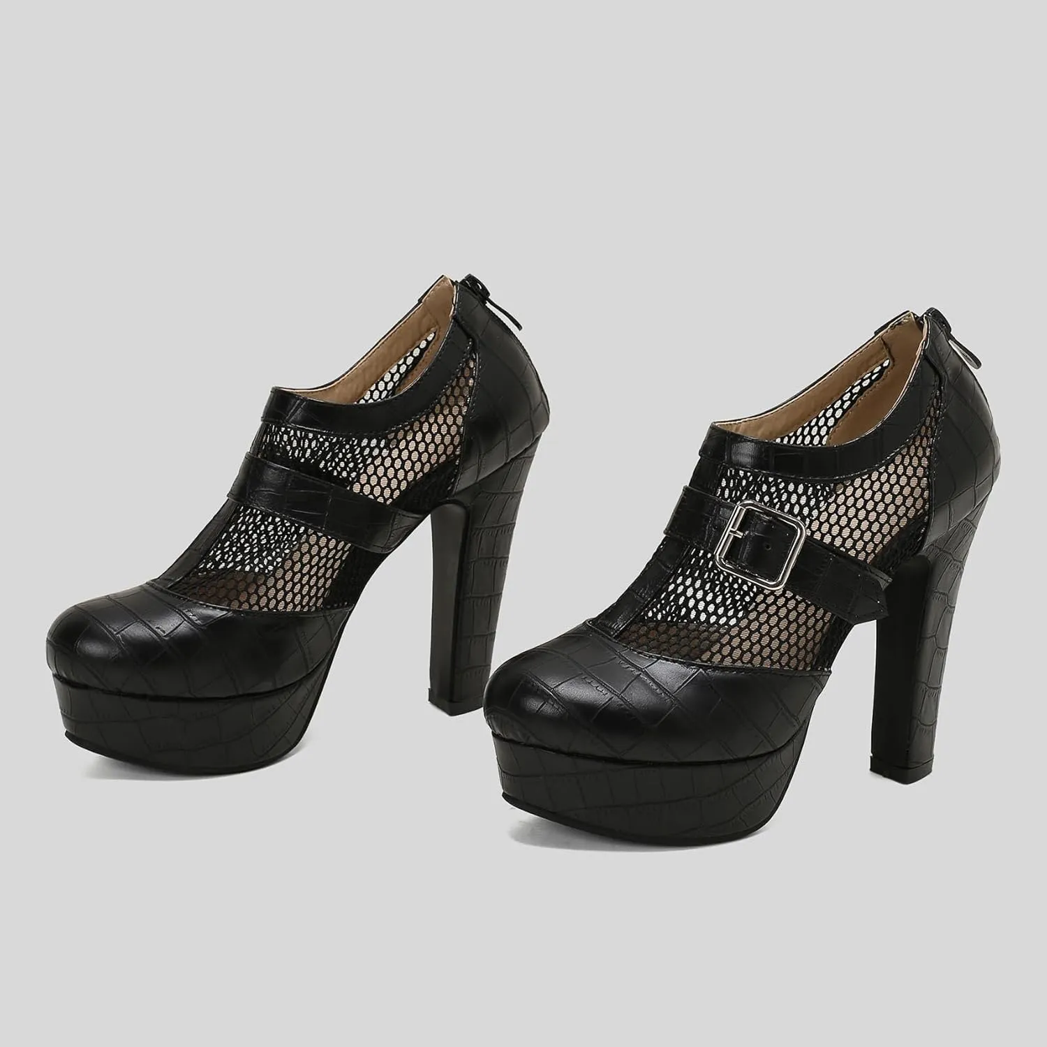 SHEMEE Women's Super High Heel Platform Pumps Block Chunky Heels Ankle Booties Buckle Pull On Dress Shoes