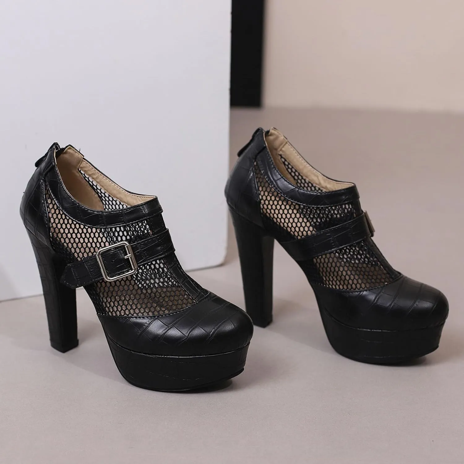 SHEMEE Women's Super High Heel Platform Pumps Block Chunky Heels Ankle Booties Buckle Pull On Dress Shoes