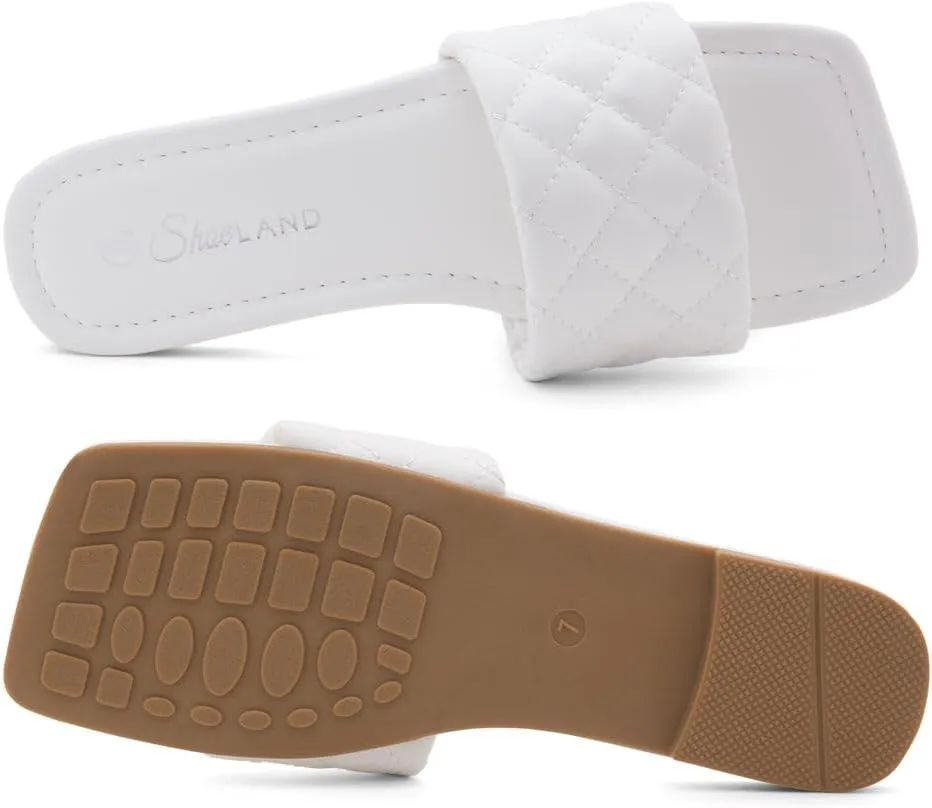 Shoe Land Women’s Flat Sandals – Quilted One-Band Fashion Slides with Square Open Toe & Comfort Footbed | Dressy Casual Slip-On Sandals for Summer, Travel & Daily Wear