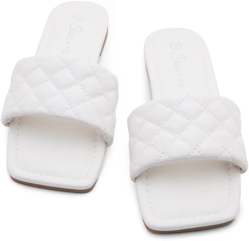 Shoe Land Women’s Flat Sandals – Quilted One-Band Fashion Slides with Square Open Toe & Comfort Footbed | Dressy Casual Slip-On Sandals for Summer, Travel & Daily Wear