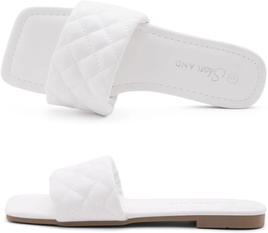 Shoe Land Women’s Flat Sandals – Quilted One-Band Fashion Slides with Square Open Toe & Comfort Footbed | Dressy Casual Slip-On Sandals for Summer, Travel & Daily Wear