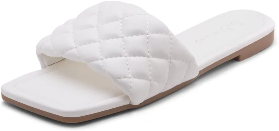 Shoe Land Women’s Flat Sandals – Quilted One-Band Fashion Slides with Square Open Toe & Comfort Footbed | Dressy Casual Slip-On Sandals for Summer, Travel & Daily Wear