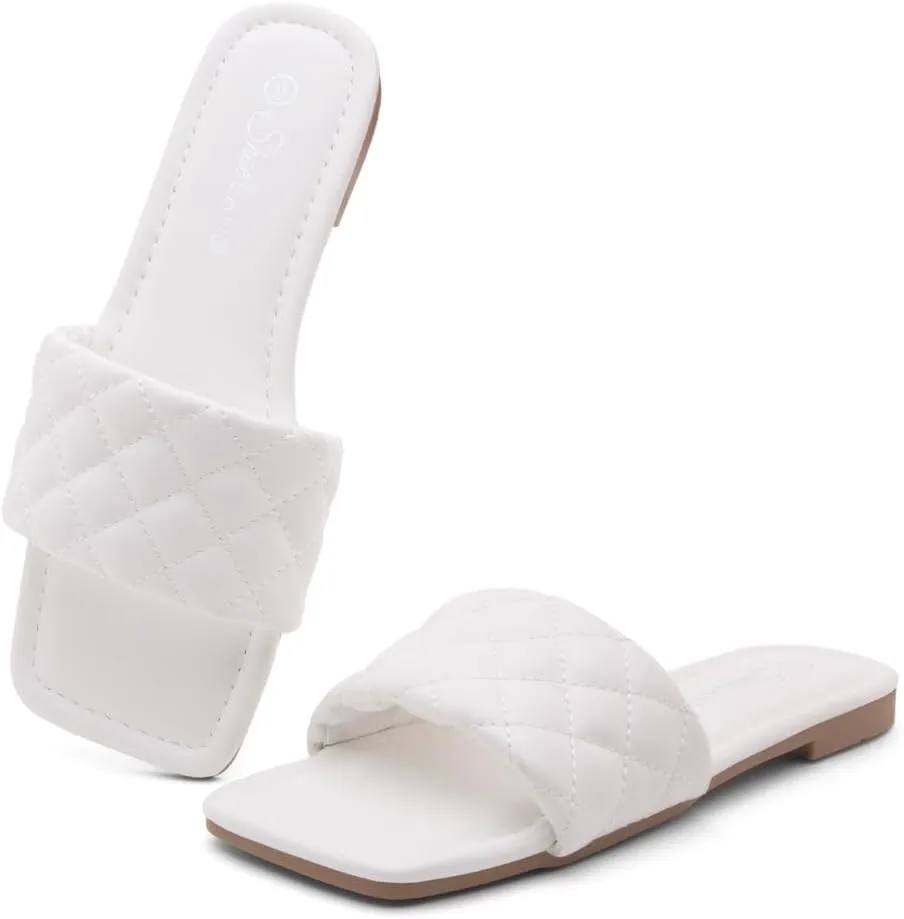 Shoe Land Women’s Flat Sandals – Quilted One-Band Fashion Slides with Square Open Toe & Comfort Footbed | Dressy Casual Slip-On Sandals for Summer, Travel & Daily Wear