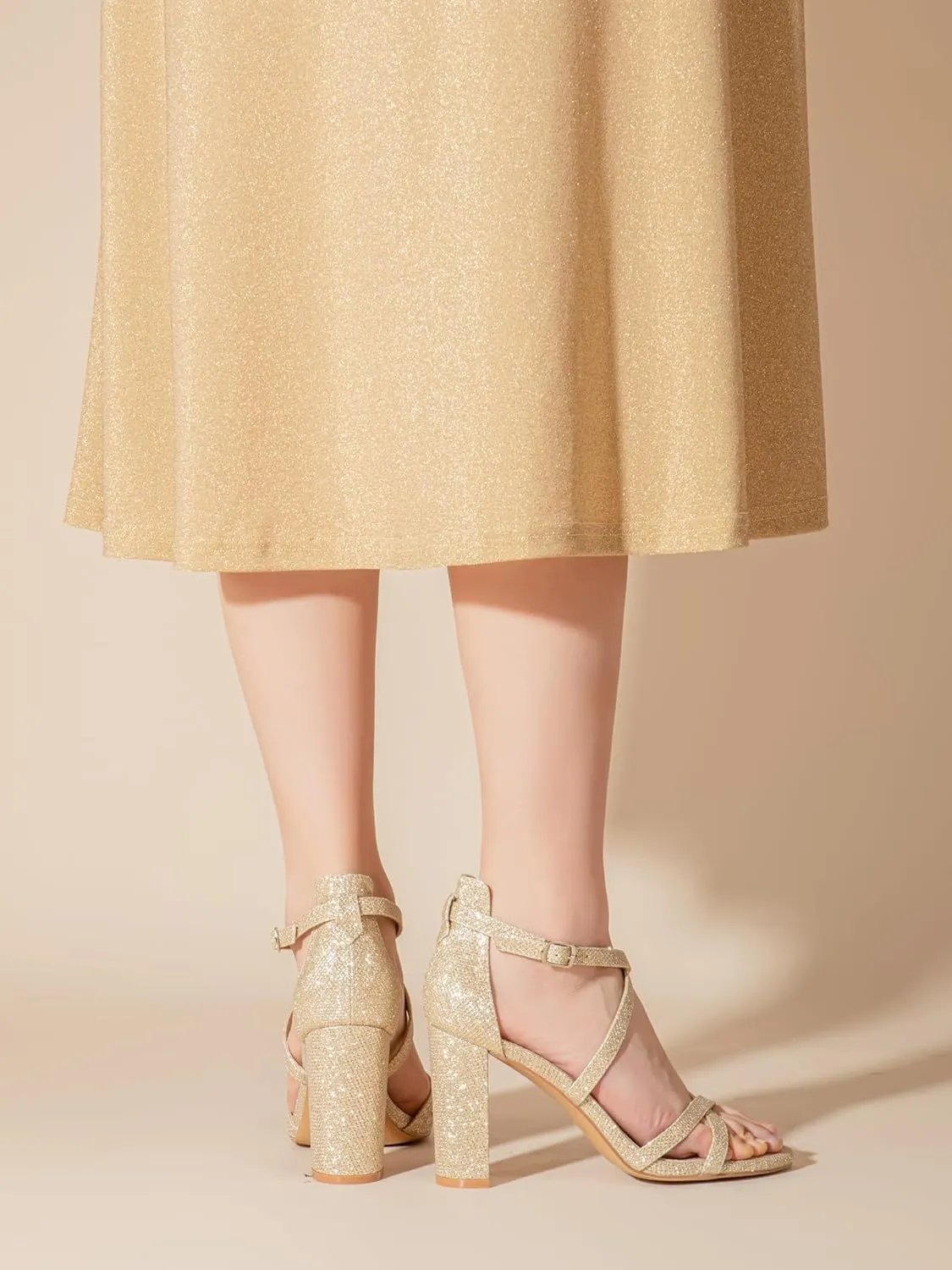 Shoe'N Tale Chunky Block High Strappy Heels for Women Pump Heeled Sandals Open Toe Ankle Strap Buckle Party Wedding Prom Dress Shoes