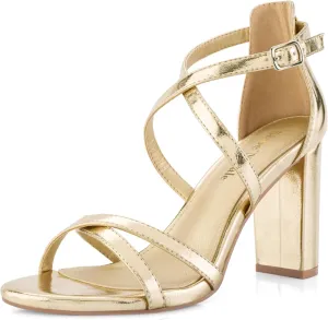 Shoe'N Tale Chunky Block High Strappy Heels for Women Pump Heeled Sandals Open Toe Ankle Strap Buckle Party Wedding Prom Dress Shoes