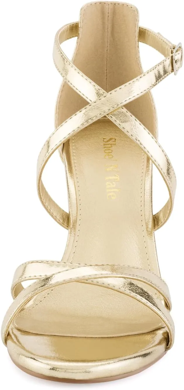Shoe'N Tale Chunky Block High Strappy Heels for Women Pump Heeled Sandals Open Toe Ankle Strap Buckle Party Wedding Prom Dress Shoes