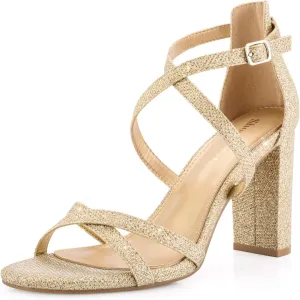Shoe'N Tale Chunky Block High Strappy Heels for Women Pump Heeled Sandals Open Toe Ankle Strap Buckle Party Wedding Prom Dress Shoes