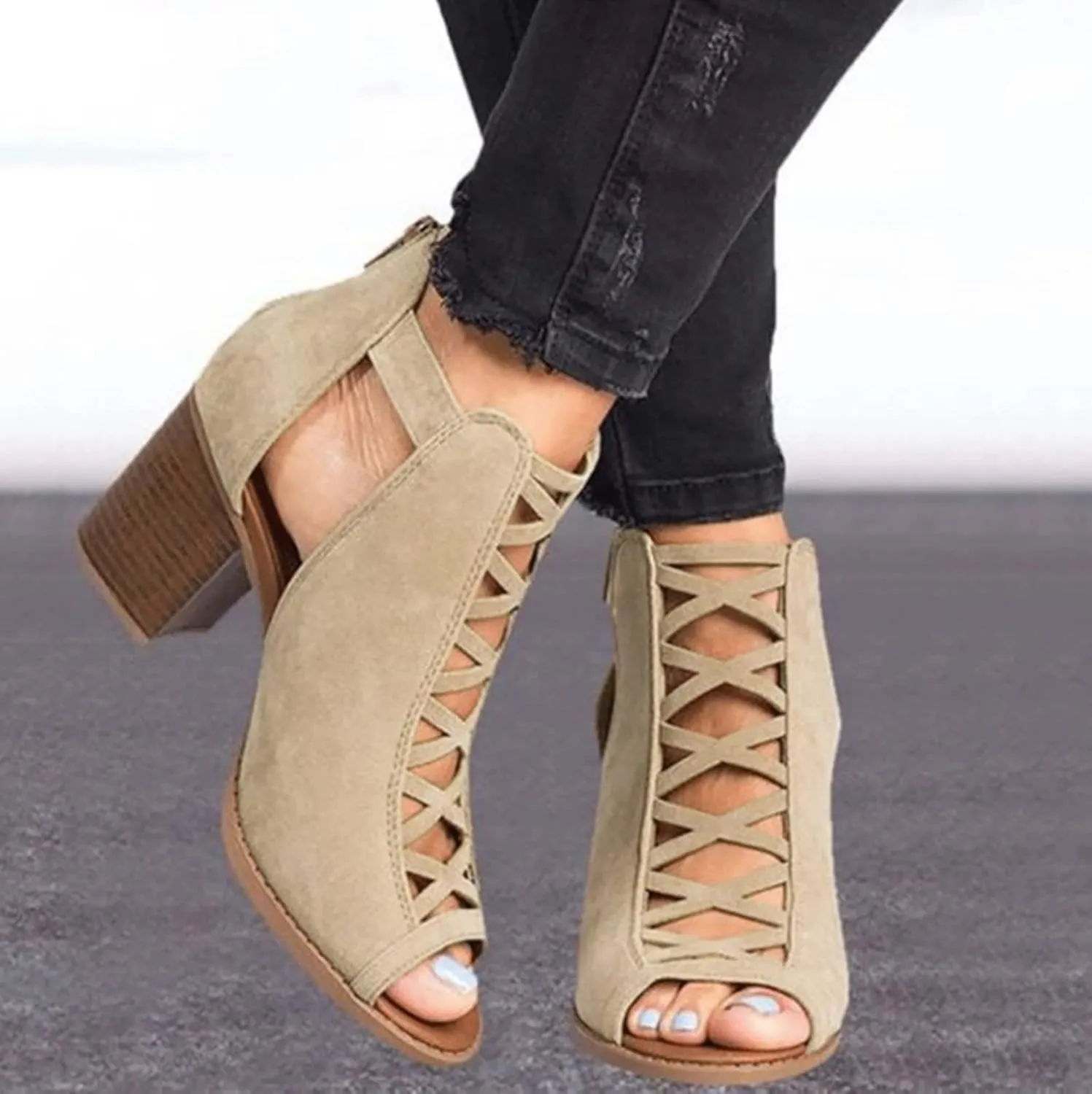 Shoes for Women Dressy, Women's Suede Peep Toe Ankle Booties Cut Out Stacked Block Heel Ankle Boots Drssy