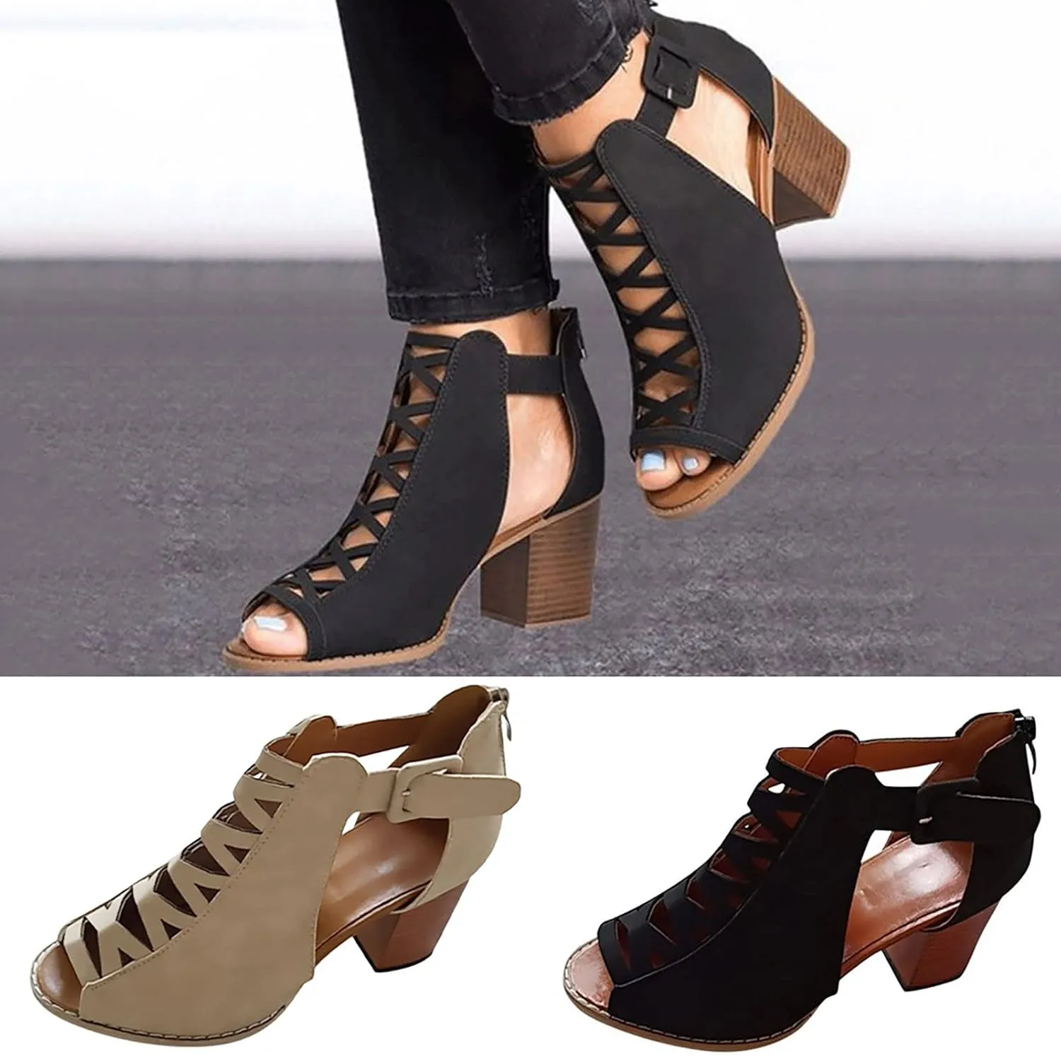 Shoes for Women Dressy, Women's Suede Peep Toe Ankle Booties Cut Out Stacked Block Heel Ankle Boots Drssy