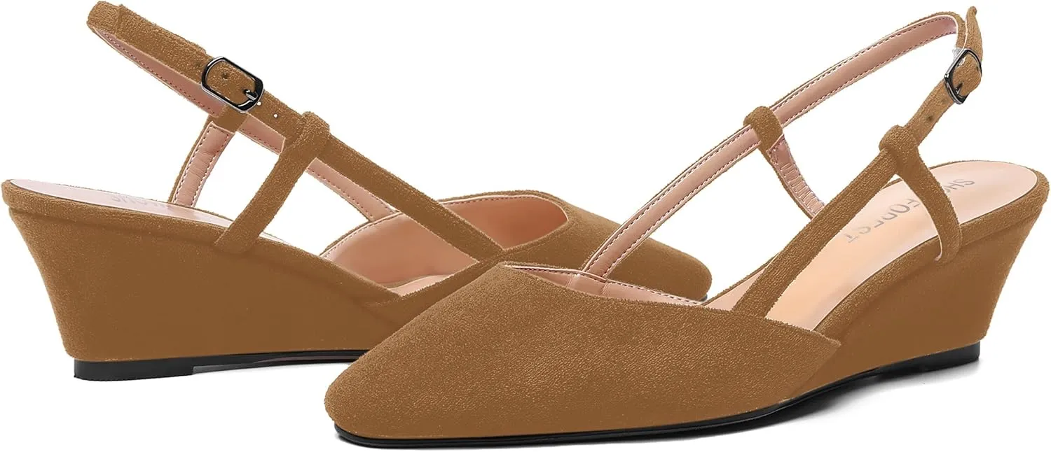 SHOWFOREST Womens Party Casual Buckle Square Toe Suede Adjustable Strap Solid Wedge Low Heel Pumps Shoes 2 Inch