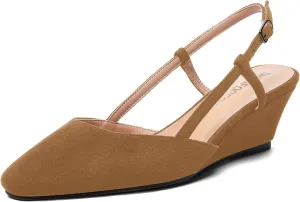 SHOWFOREST Womens Party Casual Buckle Square Toe Suede Adjustable Strap Solid Wedge Low Heel Pumps Shoes 2 Inch