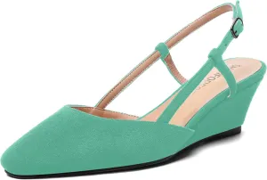 SHOWFOREST Womens Party Casual Buckle Square Toe Suede Adjustable Strap Solid Wedge Low Heel Pumps Shoes 2 Inch