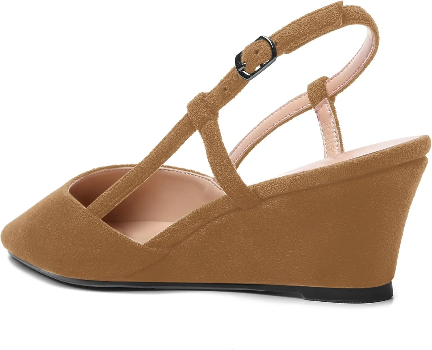 SHOWFOREST Womens Party Casual Buckle Square Toe Suede Adjustable Strap Solid Wedge Low Heel Pumps Shoes 2 Inch