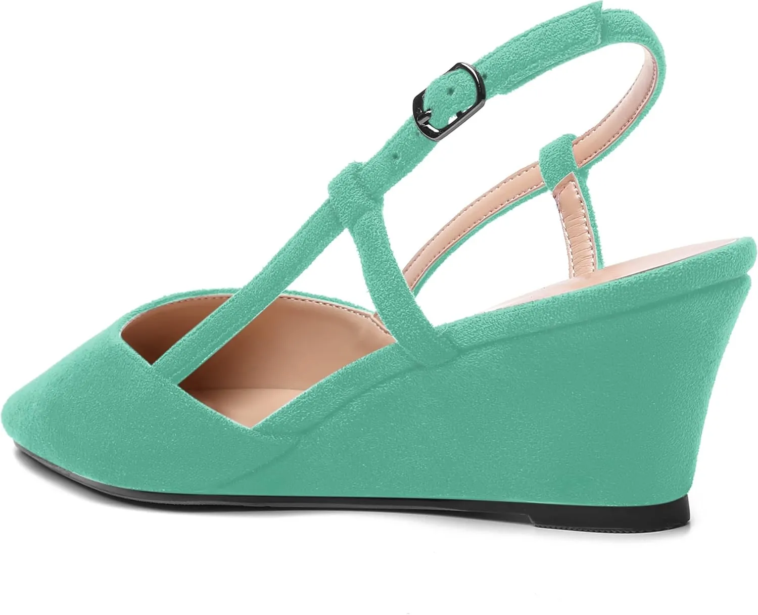 SHOWFOREST Womens Party Casual Buckle Square Toe Suede Adjustable Strap Solid Wedge Low Heel Pumps Shoes 2 Inch