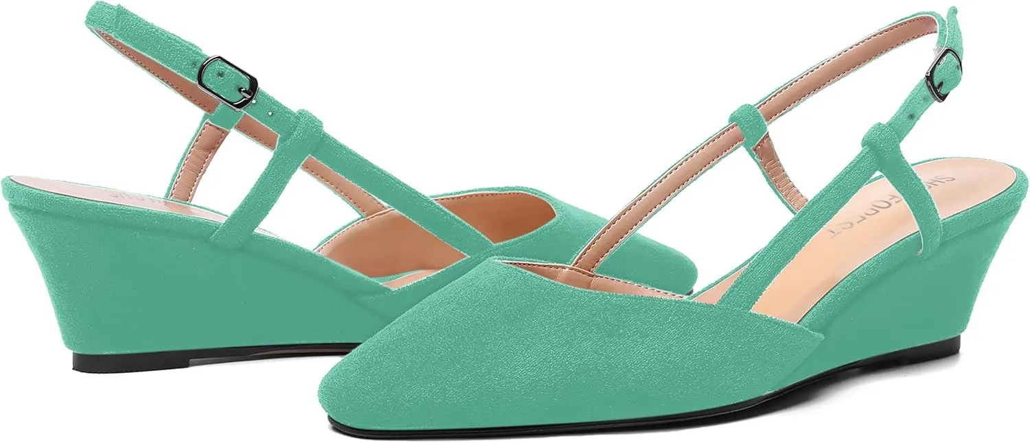 SHOWFOREST Womens Party Casual Buckle Square Toe Suede Adjustable Strap Solid Wedge Low Heel Pumps Shoes 2 Inch