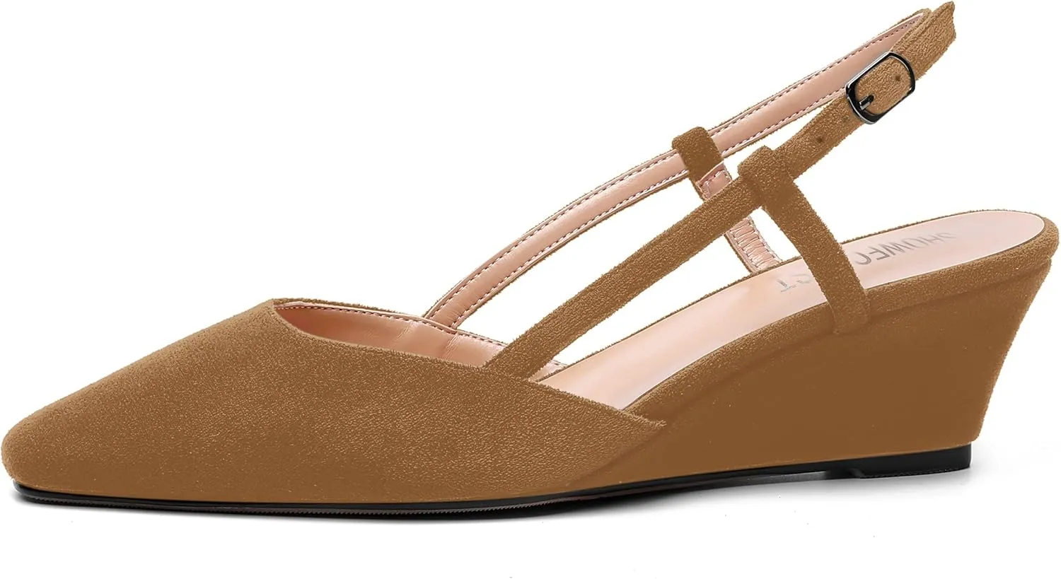 SHOWFOREST Womens Party Casual Buckle Square Toe Suede Adjustable Strap Solid Wedge Low Heel Pumps Shoes 2 Inch