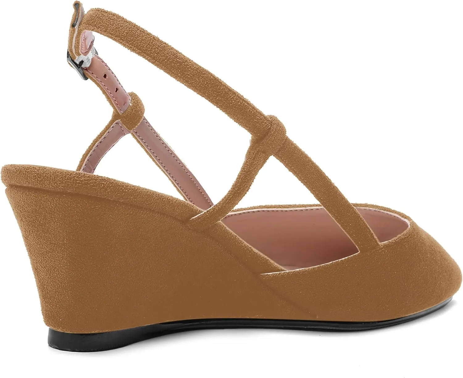 SHOWFOREST Womens Party Casual Buckle Square Toe Suede Adjustable Strap Solid Wedge Low Heel Pumps Shoes 2 Inch