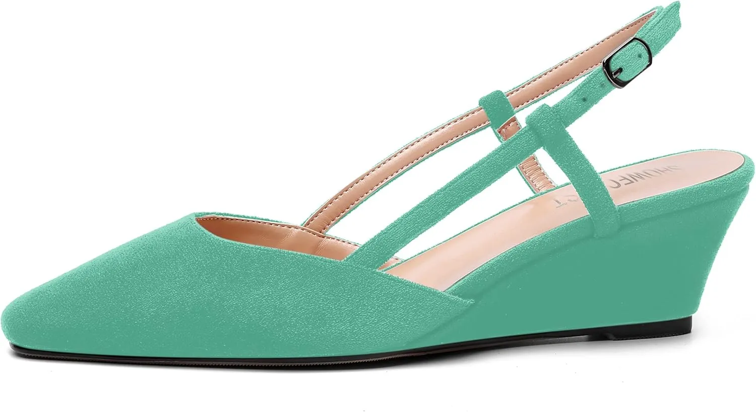 SHOWFOREST Womens Party Casual Buckle Square Toe Suede Adjustable Strap Solid Wedge Low Heel Pumps Shoes 2 Inch