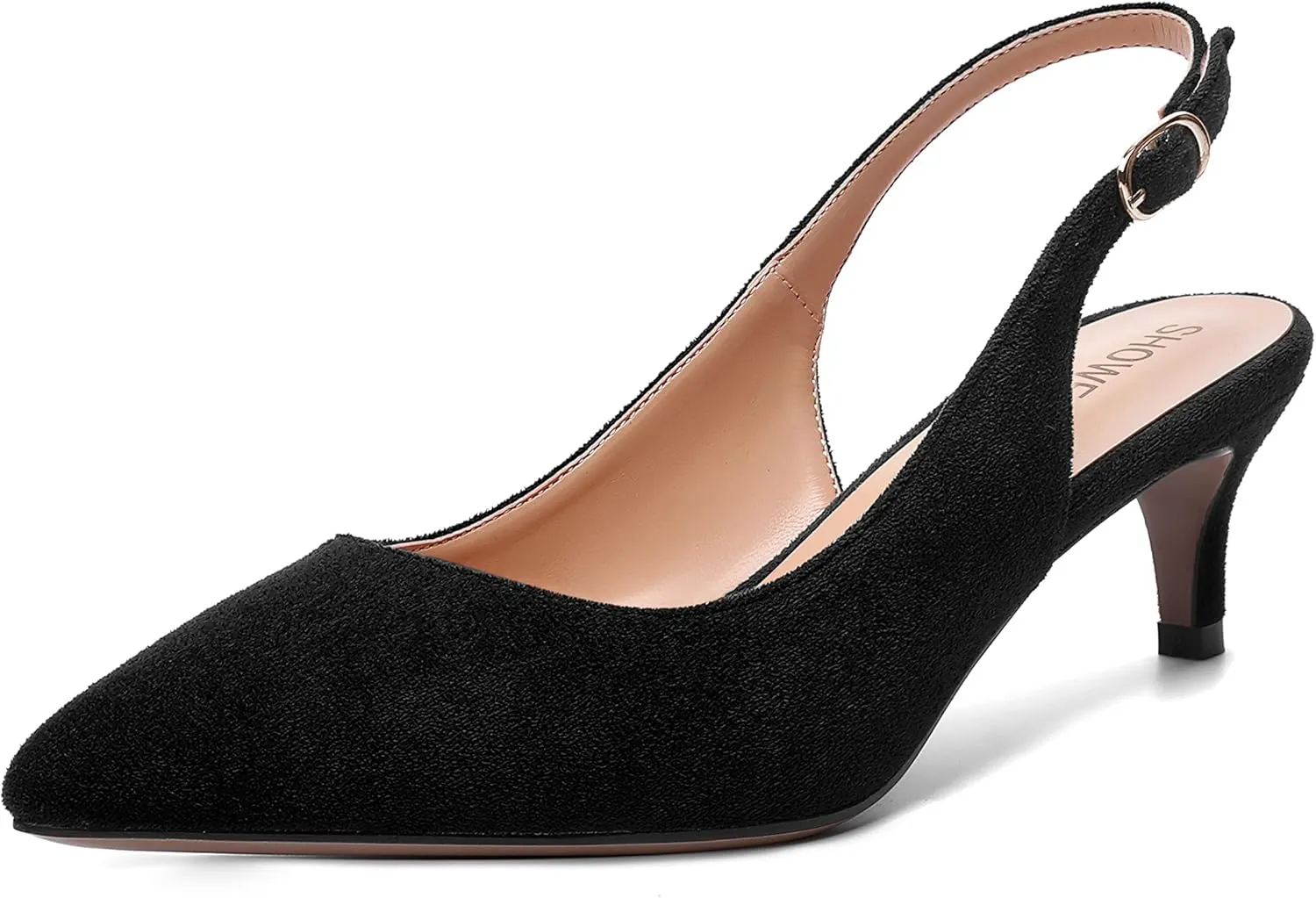 SHOWFOREST Womens Pointed Toe Sexy Suede Buckle Solid Slingback Wedding Kitten Low Heel Pumps Shoes 2 Inch
