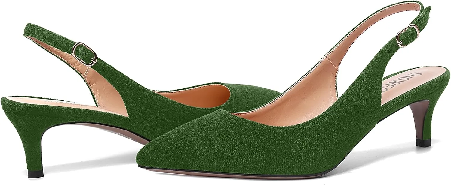 SHOWFOREST Womens Pointed Toe Sexy Suede Buckle Solid Slingback Wedding Kitten Low Heel Pumps Shoes 2 Inch