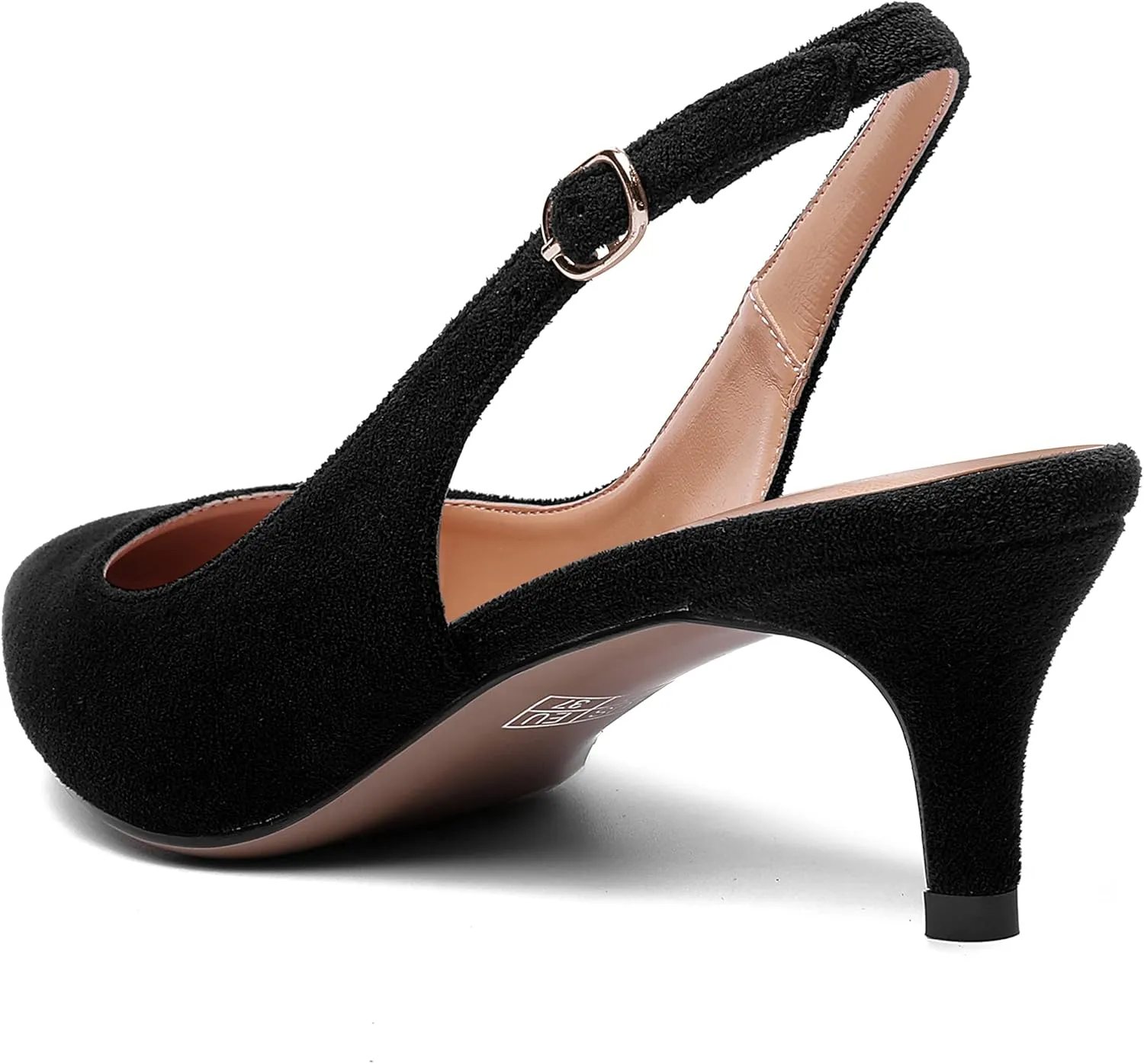 SHOWFOREST Womens Pointed Toe Sexy Suede Buckle Solid Slingback Wedding Kitten Low Heel Pumps Shoes 2 Inch