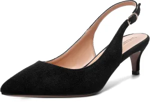 SHOWFOREST Womens Pointed Toe Sexy Suede Buckle Solid Slingback Wedding Kitten Low Heel Pumps Shoes 2 Inch